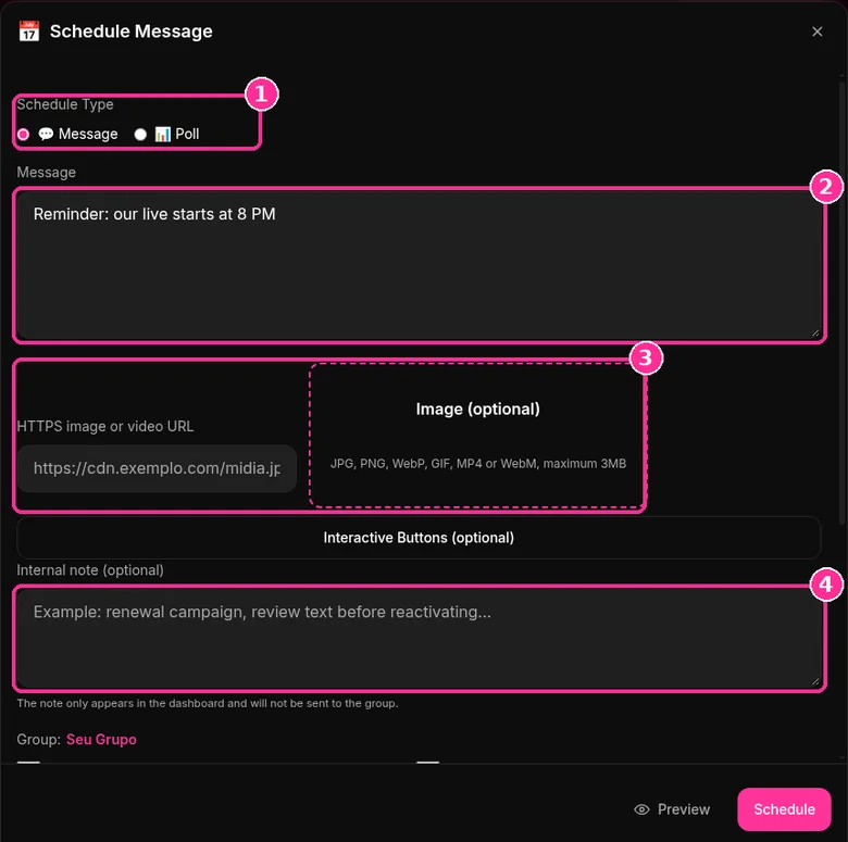 9bot Schedule Message form with type, text, optional media and internal note