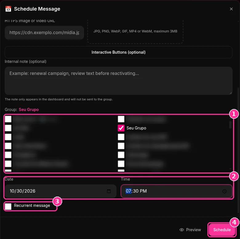 Group selection, date, time and recurrent message in the 9bot Schedule Message form