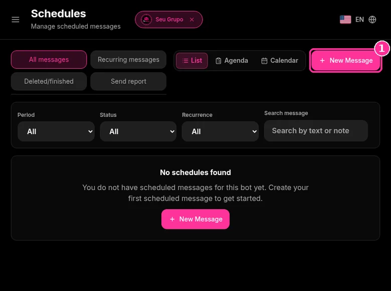 9bot Schedules screen with tabs, filters and the New Message button