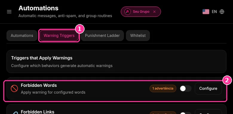 Warning Triggers tab in 9bot with the Forbidden Words trigger for the group Seu Grupo