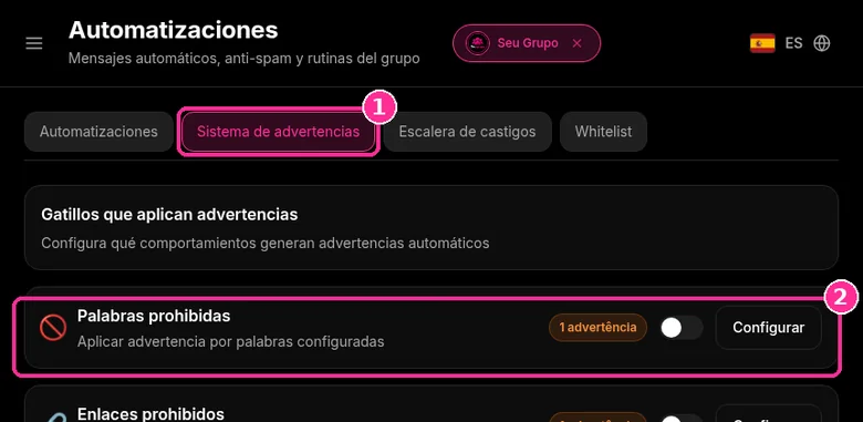 Pestaña Sistema de advertencias de 9bot con el disparador Palabras prohibidas en el grupo Seu Grupo