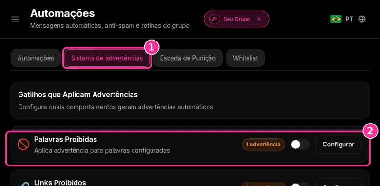 Aba Sistema de advertências do 9bot com o gatilho Palavras Proibidas no grupo Seu Grupo