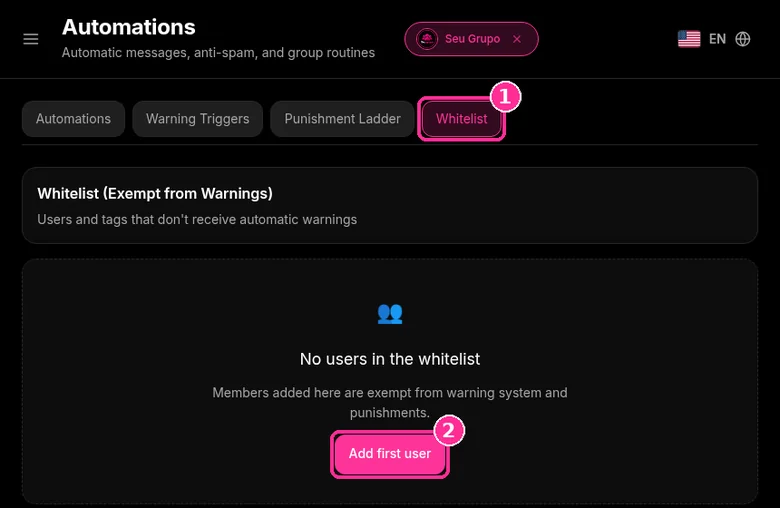 9bot Whitelist tab to exempt users from automatic warnings