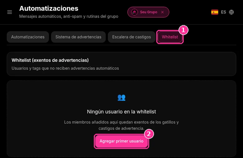 Pestaña Whitelist de 9bot para eximir usuarios de advertencias automáticas