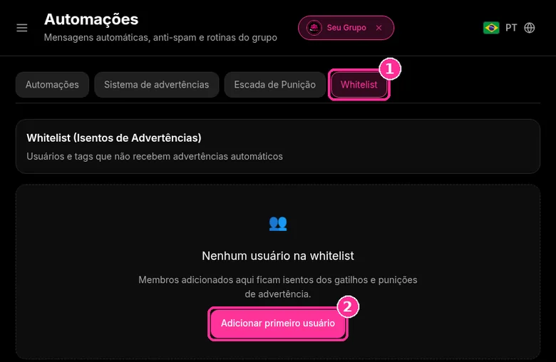 Aba Whitelist do 9bot para isentar usuários de advertências automáticas