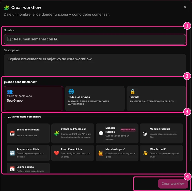 Ventana Crear workflow de 9bot con nombre, dónde debe funcionar y cuándo debe comenzar