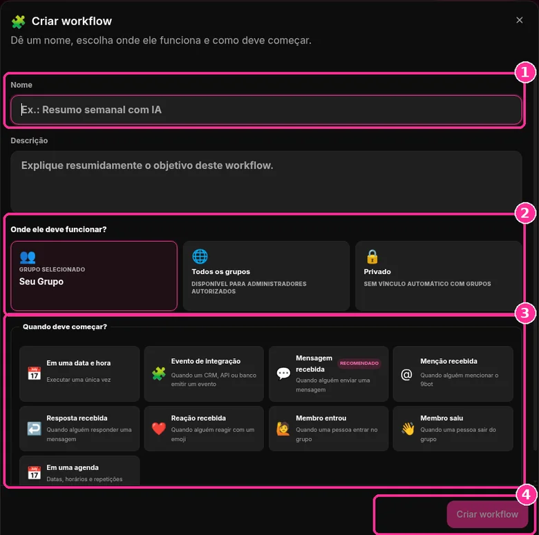 Janela Criar workflow do 9bot com nome, onde deve funcionar e quando deve começar