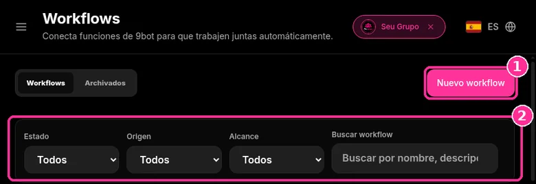 Página Workflows de 9bot con el botón Nuevo workflow y filtros Estado, Origen y Alcance