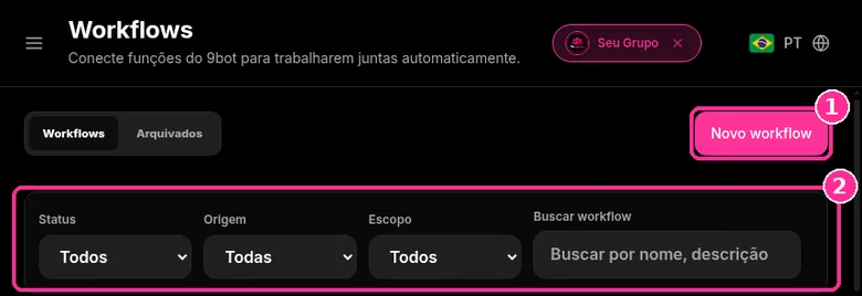 Página Workflows do 9bot com o botão Novo workflow e filtros Status, Origem e Escopo